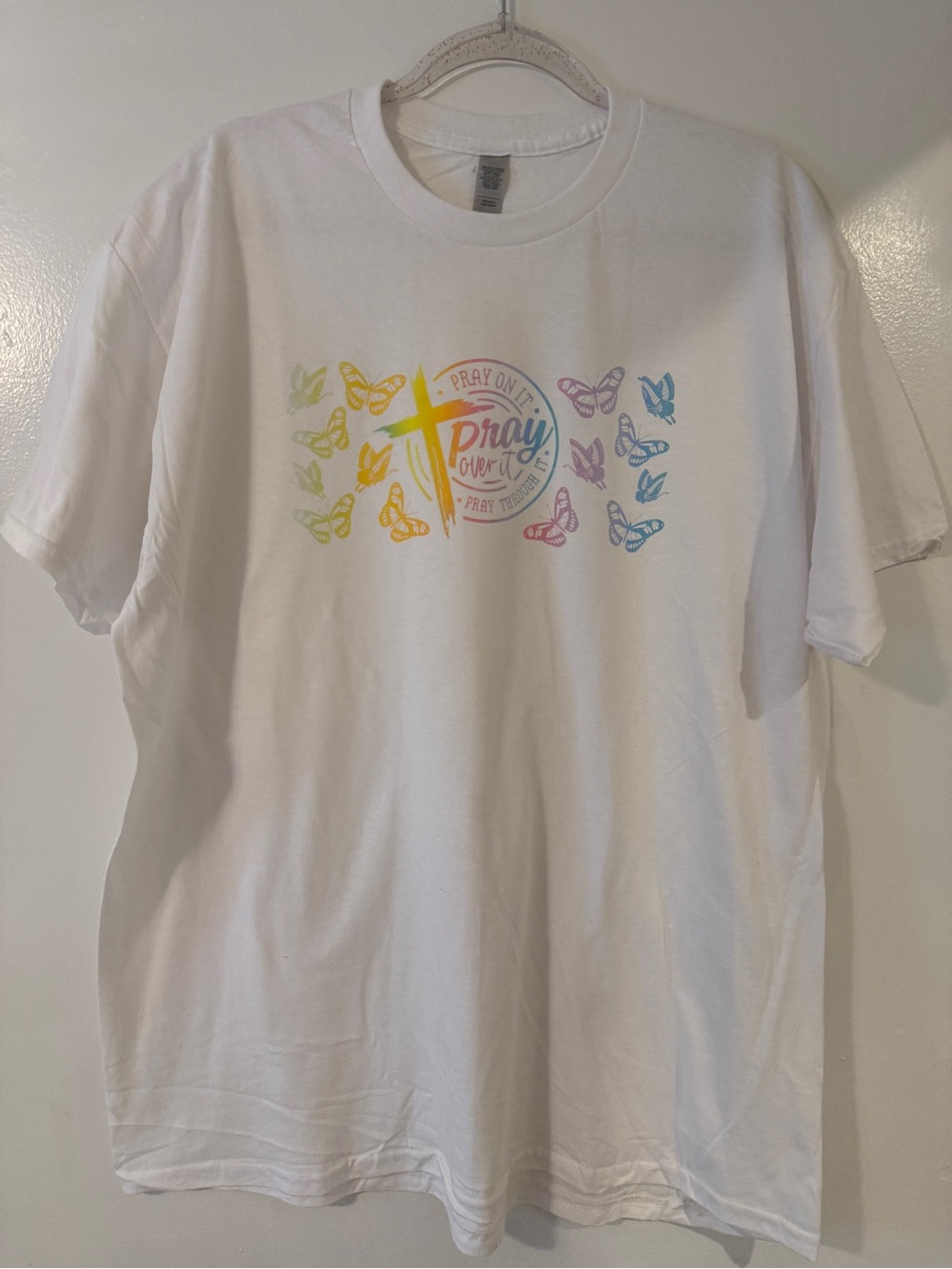 Pray Over It Rainbow Butterfly Girls' Graphic Tee - White